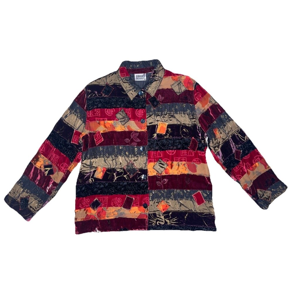 Vtg Chicos Design Silk Velvet Patchwork Blazer Womens LG Red Black Boho Hipppy